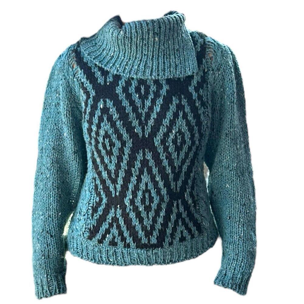 Diane Von Furstenberg Wool Blend Chunky Knit Diamond Print Teal Black Sweater M